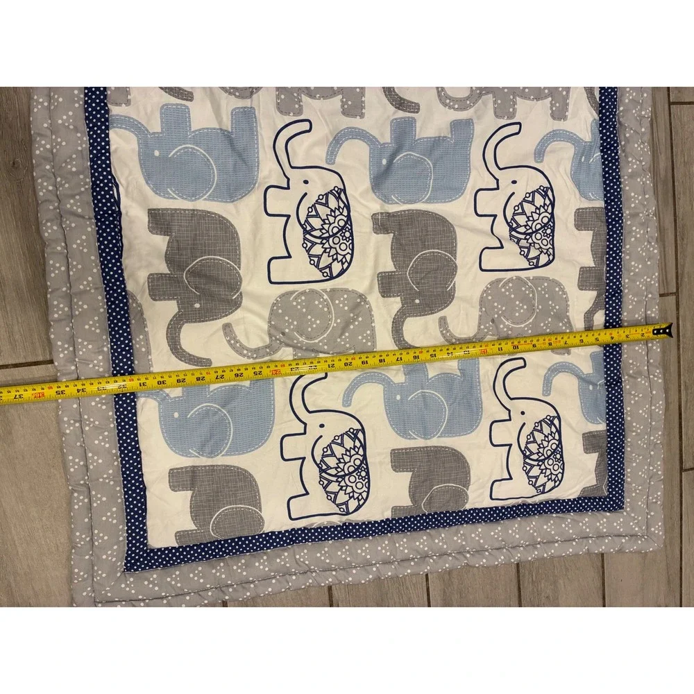 Baby Nursery Elephant Quilt Blue Grey White Padded Crib Blanket 39x31